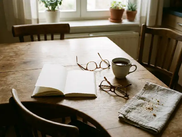 Carnet ouvert et lunettes sur une table de cuisine