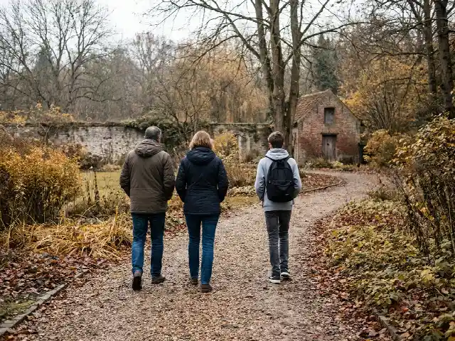Une famille de dos marchant dans un jardin en automne