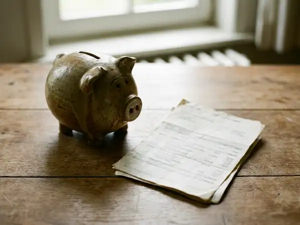 Tirelire et relevés bancaires sur une table